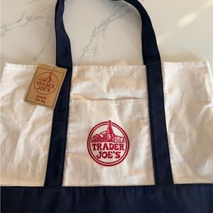 Trader Joe's Canvas Tote Bag - Cream & Navy with Red Logo